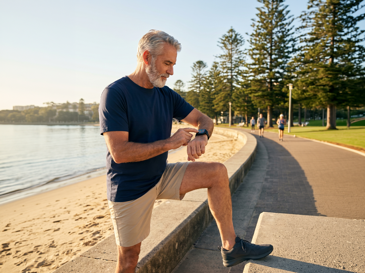 Older woman walking by the coast wearing her VitalALERT™ smartwatch
