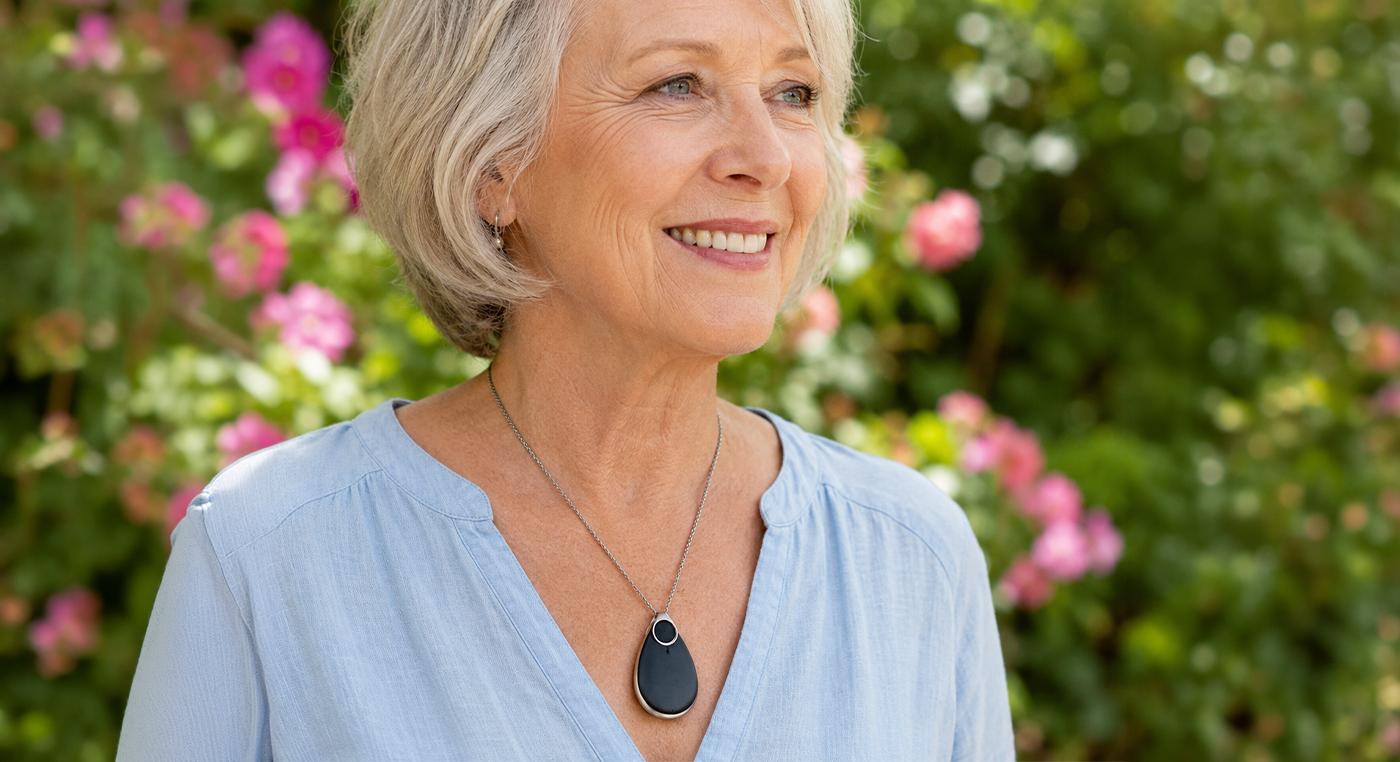 Smiling senior Australian woman in a blue blouse wearing the VitalALERT™ medical alert pendant on a stainless steel chain, standing in a rose garden