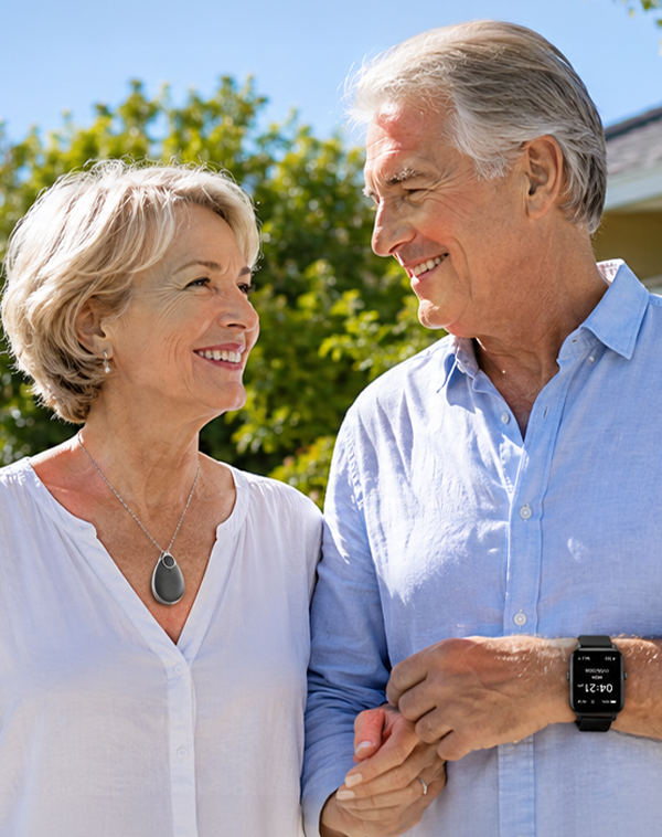 Smiling senior Australian couple outdoors wearing VitalALERT™ medical alert pendant and smartwatch