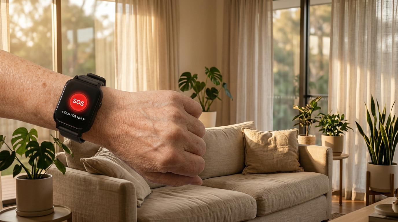 Senior at home wearing VitalALERT smartwatch with SOS active